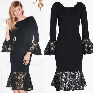 Sachin Babi Womens Dress Sz XS Black Kochi Scoop Back Fitted Flounce Lace Midi